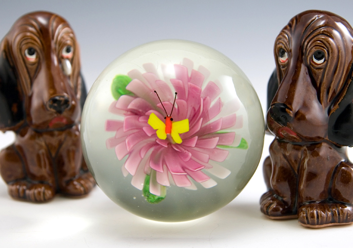 Butterfly And Flower Art Glass Paperweight With Brass Stand - Image 3