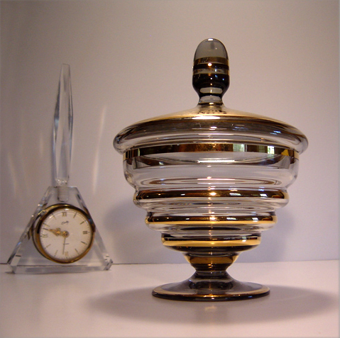 Gold & Etch on Smoke Glass Compote
