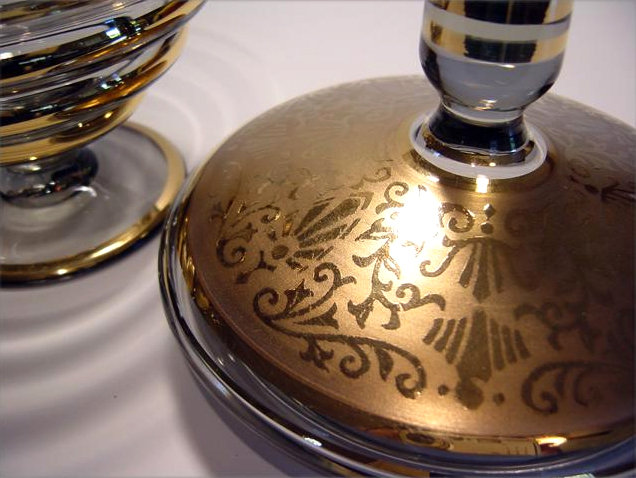 Gold & Etch on Smoke Glass Compote - Image 2
