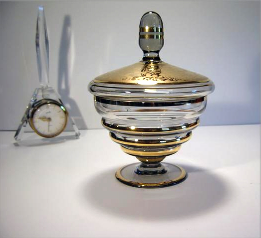Gold & Etch on Smoke Glass Compote - Image 3