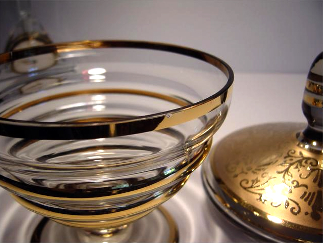 Gold & Etch on Smoke Glass Compote - Image 4