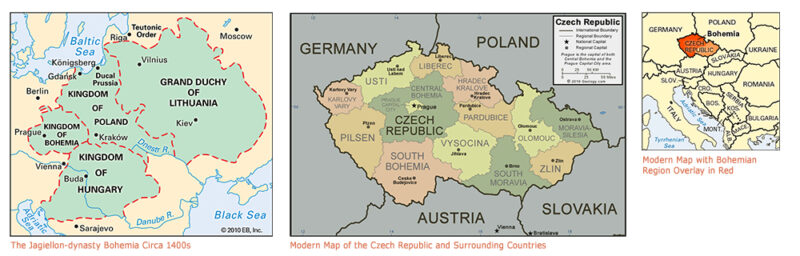 Maps of Early Bohemian Region and Modern Czech Republic
