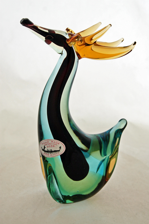 Scarce cased glass elk or reindeer with Venetian label.
