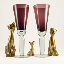Pair of Tall Heavy Handmade Amethyst Glass Flute Goblets.