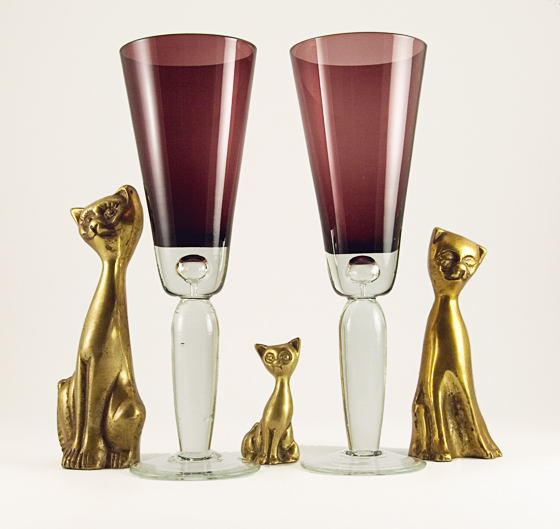 Pair of Tall Heavy Handmade Amethyst Glass Flute Goblets.