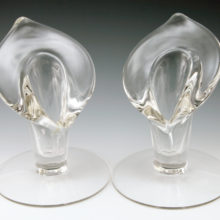 This elegant blown glass candlestick holder set was made by Cambridge Glass in the 1920s - 1940s, catalog part # 449. Called 'Calla Lily' resembling the flower.