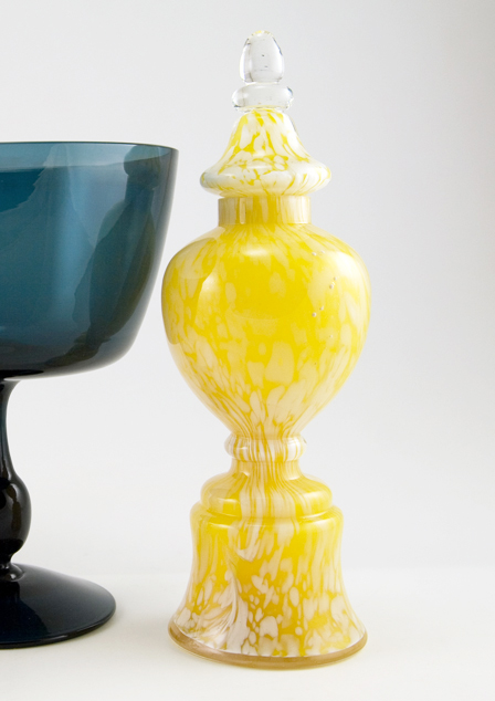 Hand blown gurgle bottle in mottled cased glass for the vanity, bar or table. Beautiful old bottle is designed to allow liquid to slowly gurgle out when poured. The bottom compartment holds the liquid and the top compartment slows its exit.