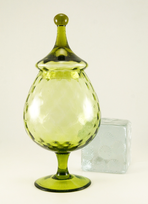 Retro atomic blown glass jar with 'circus tent' lid.