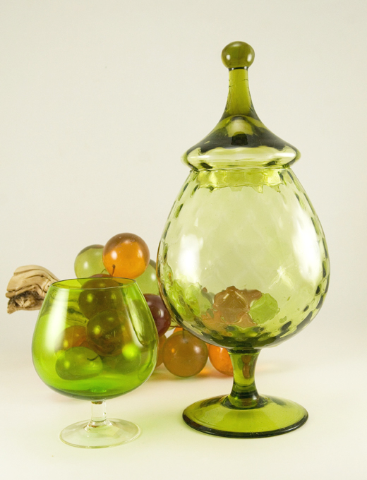 Hand-blown in olive green optic glass.