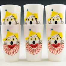 Set of six unused Hazel Atlas vintage circus clown tumblers.