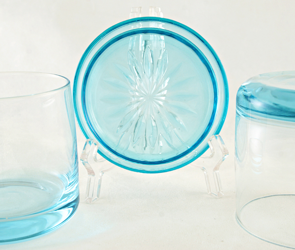 Beautiful light blue color darkens with varying thickness of the glass.