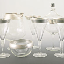 Set of 8 pieces, plus 4 stir sticks, blown in crystal with real sterling silver bands designed by Dorothy Thorpe.