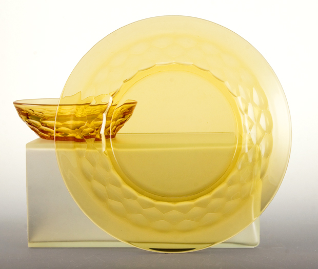 Beautiful light amber quality crystal with heat finished soft rims and polished flat base rims.
