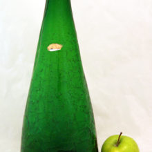 Huge crackled decanter bottle vase with two vintage labels.