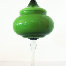 Big and beautiful, cased glass long-stemmed covered jar.