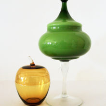 Hand blown with attached colorless stem.