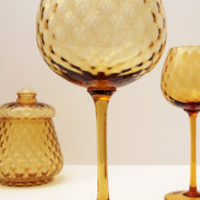 Big Italian glass balloon goblet in optic amber hand-blown glass.