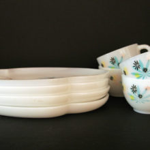 Advertised as Patio Snack Set, heat-proof white ware, service for 4.