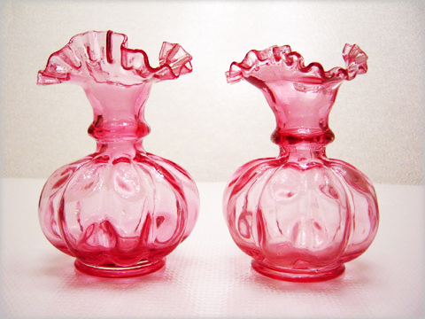 Set of two Fenton Art Glass pink melon rib vases.