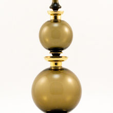 Art Deco period double-bubble dual compartment smoked glass decanter with well preserved real gold trim.