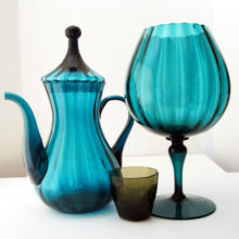 Made in Italy in the Venetian style during the 1950s. The "circus tent" top on a large spouted pot is a rarity. The color is a stunning deep aqua blue.