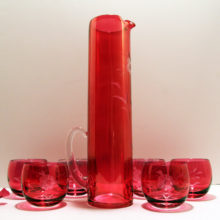 Stunning Art Deco era beverage set with well preserved ruby/pink gold decor.