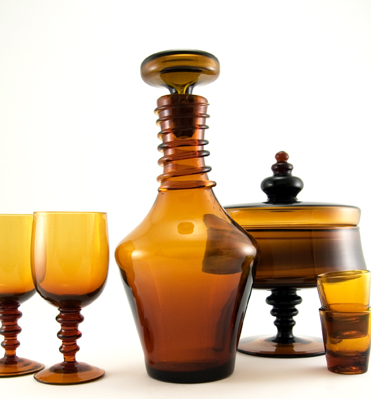 Golden Brown Amber Blown Glass Decanter With Matching Whiskey Shots