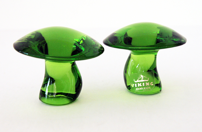 Set of two Viking Art Glass Fungus Mushrooms with label. Made in the 1970s by Viking Art Glass.