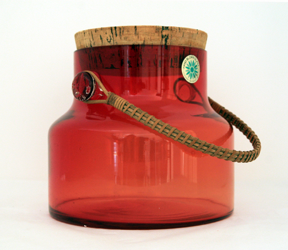 Awesome retro ice bucket with large cork lid and wicker handle by Takahashi, mid-century Japanese art glass and art pottery maker.