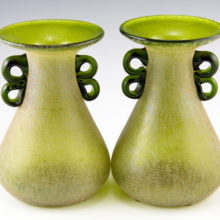 Beautiful blown lime green glass decorated with luminescent frit.