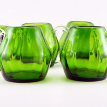 Set of 6 hand-made stylized optic glass mugs by Beacon Glass Co., USA.