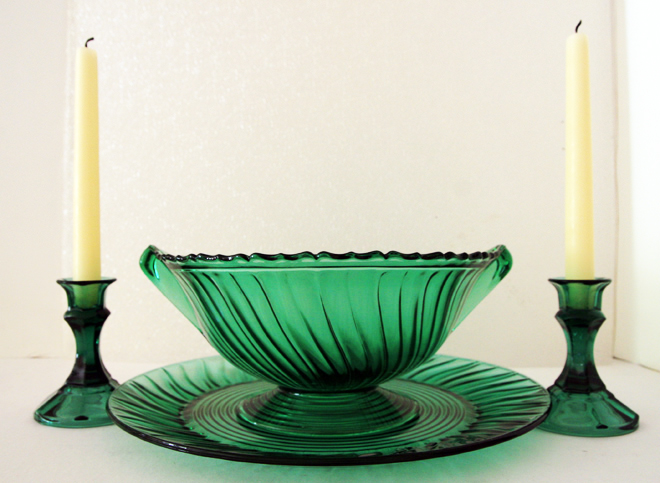 Jeannette Depression Glass Ultra Marine Swirl Console Set Beautiful color and pattern, made only in 1937-1938.