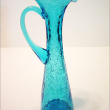 Tall blue crackle glass cruet ewer by Kanawha Art Glass, pattern #6-8H. Made in 1960s-1970s.