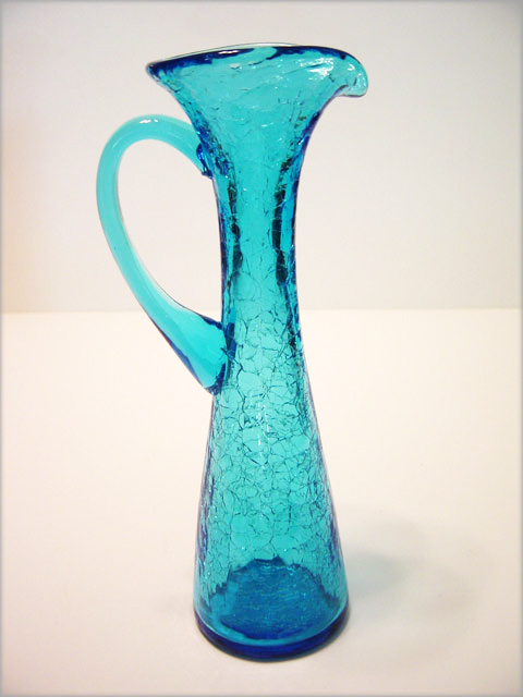Tall blue crackle glass cruet ewer by Kanawha Art Glass, pattern #6-8H. Made in 1960s-1970s.