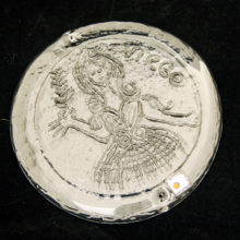 Big and thick hanging astrology glass ornament, featuring Lady Virgo. Hand-made by Blenko Art Glass in the 1970s-1980s.