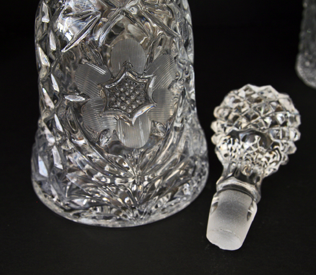 Beautiful deep patterned, bell shaped art glass decanter.
