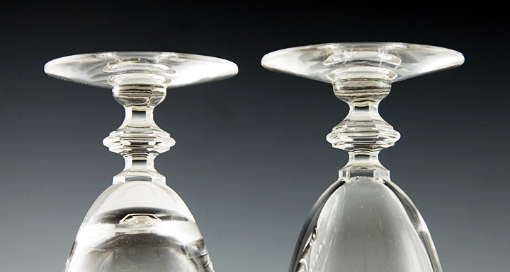 Quality colorless crystal with a lingering tone. Made in 3 parts; the blown glass bowl is applied to a pressed stem which is applied to a blown foot.