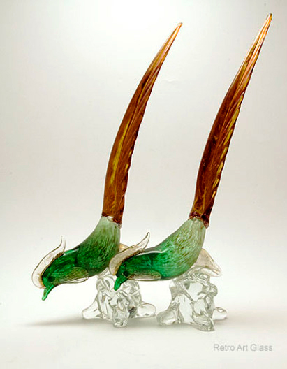 Hand-made art glass from Mid-20th century Italy. Many famous Murano glass houses produced these statuesque pheasants and they came in various stylized versions of the fowl.