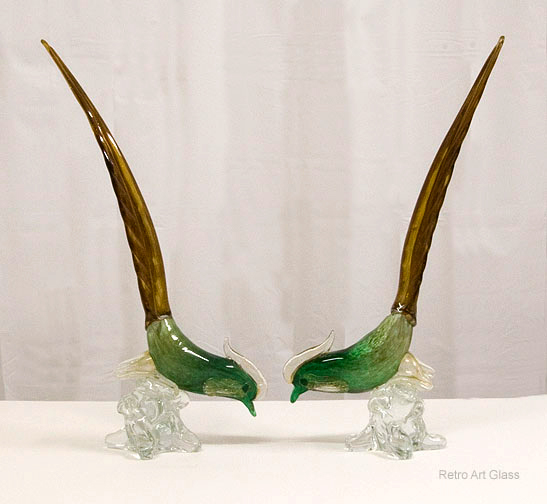 Pair of large mid-century modern Venetian art glass pheasants.
