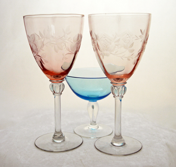 Pair of rare elegant glass Tiburon 9oz goblets with etched roses.