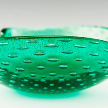Beautiful handblown glass decorated with controlled bubbles and flecks of gold.