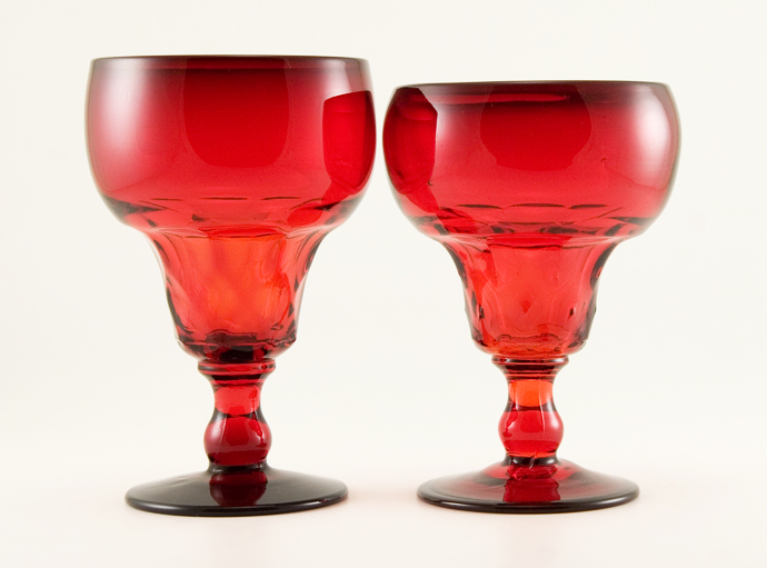 Pair of Fenton Art Glass Georgian wine goblets in Red Moonstone.