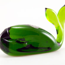 Pilgrim Art Glass solid green whale with label.