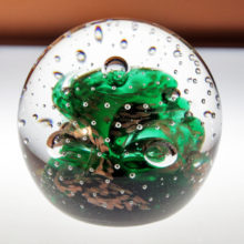 Dichoric green pin cushion paperweight with spiral controlled bubbles.