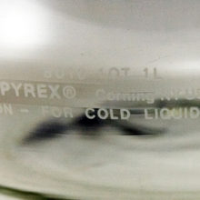 Marked; '8010 1Qt 1L - Pyrex Corning New York, usa - Caution- for cold liquids only'.
