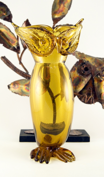 Large exquisite blown glass owl vase from the mod mid-20th century.