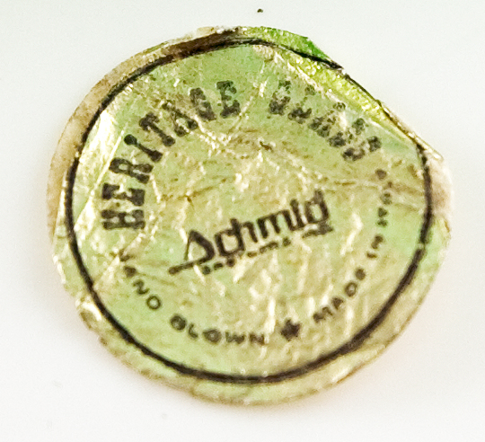 The original old label has worn off, but is still intact and is included. Reads: Heritage Glass, Schmid (type beneath too crumpled to read), Hand Blown Glass, Made in Italy.