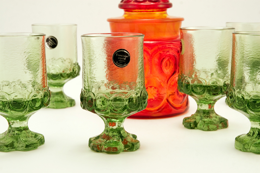 Vintage medieval style thick glass goblets in green citron.
