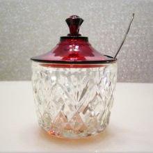 Set includes Prescut jar, Royal Ruby lid, old unmarked spoon in great condition, and a 7" Line 4000 Royal Ruby plate available only between 1956-1858, scarce item.