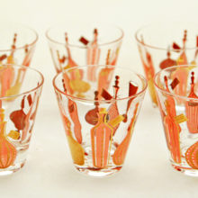 Set of SIX mid-century (1950's-60's) double-shot sized whiskey glasses with decor in the style of decanters popular in the era.